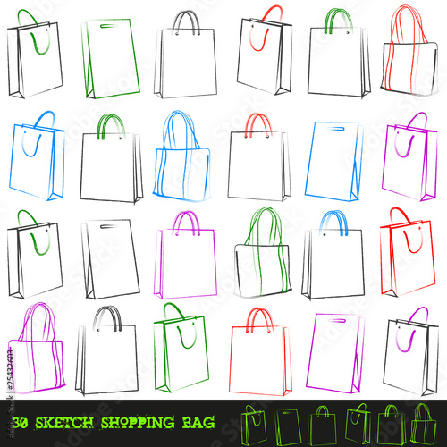 Set of 30 shopping bags. Vector illustration.