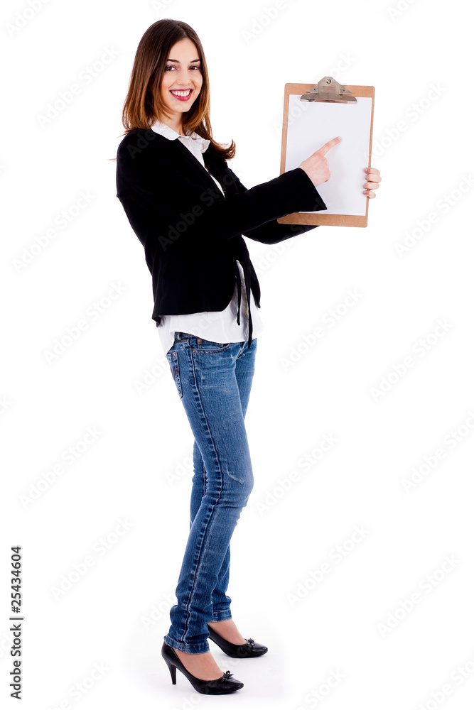Business woman pointing on a blank clip board Business woman pointing on a blank clip board