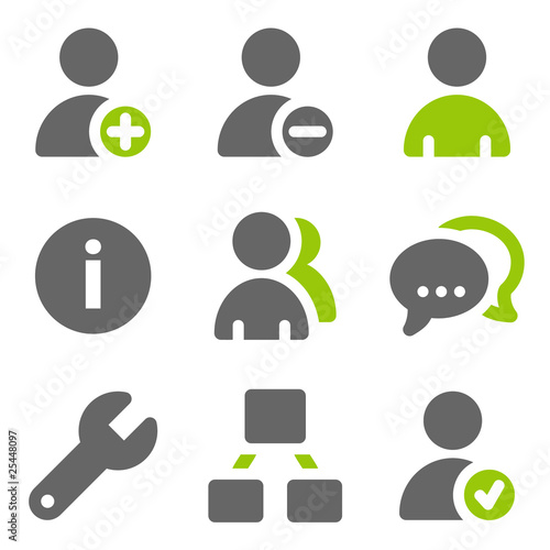 Social network users web icons, green grey solid icons