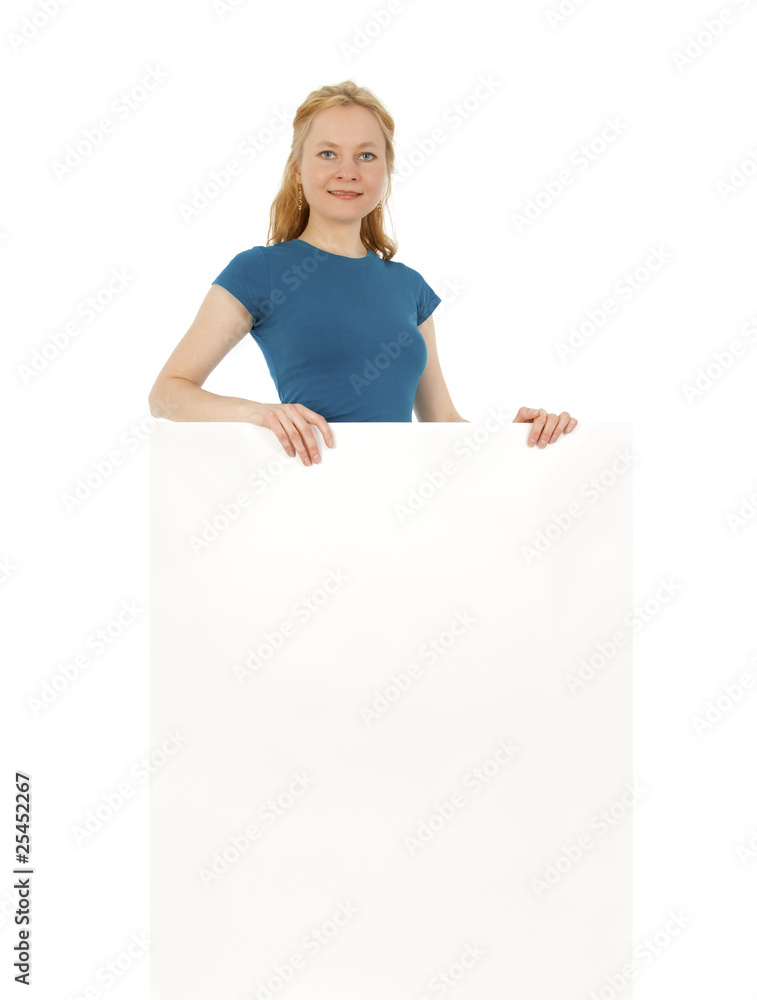 Smiling young women behind a blank banner ad Smiling young women behind a blank banner ad