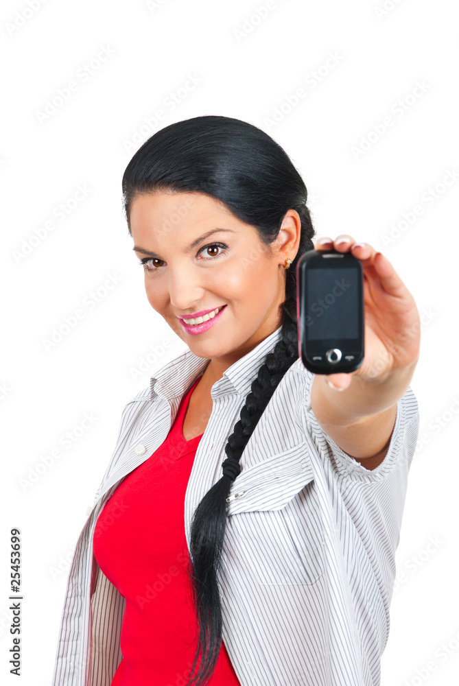 Attractive woman offering phone mobile Attractive woman offering phone mobile