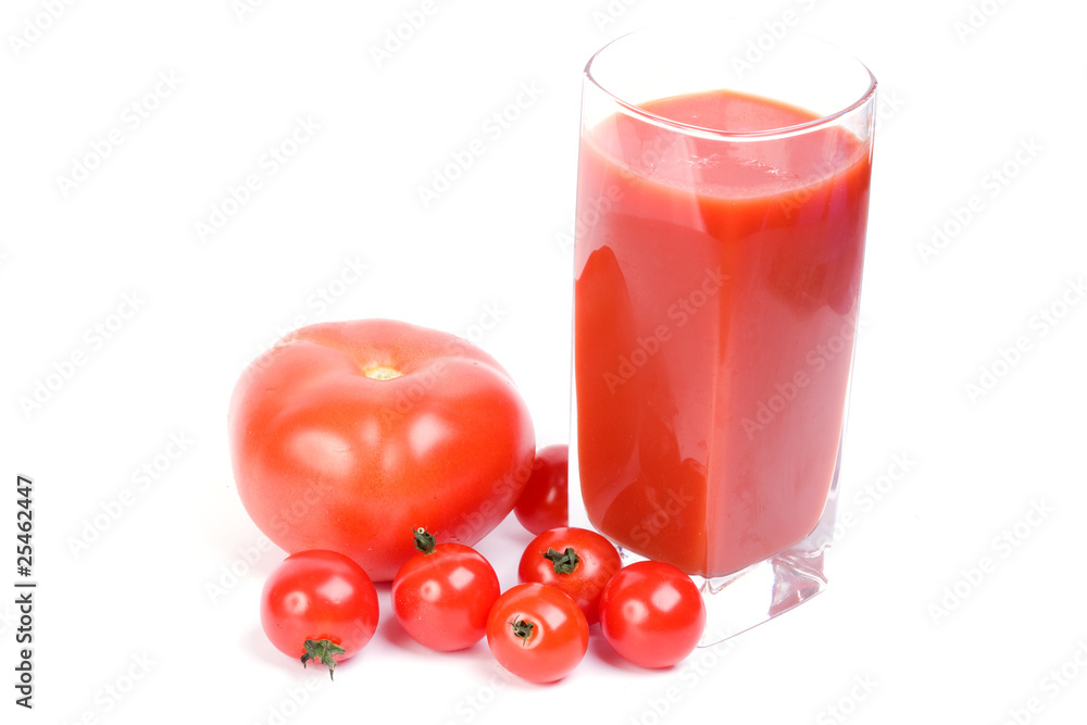 Tomatoes and juice on a white background Tomatoes and juice on a white background