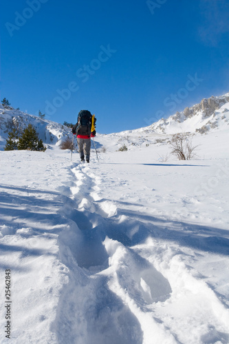 Hiker are in winter mountains