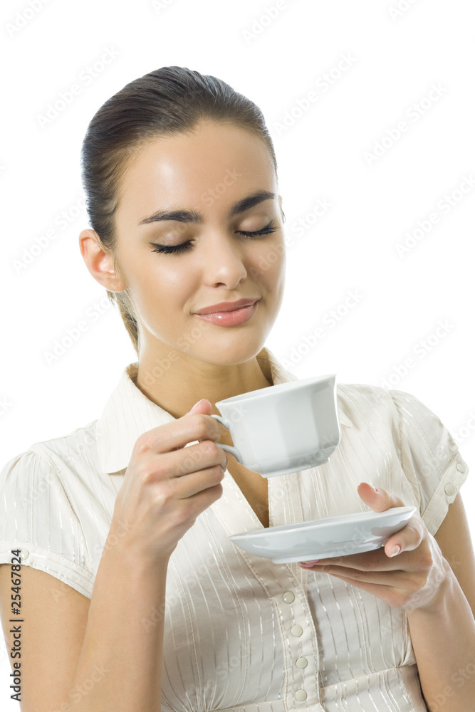 Young happy woman with cup of coffee, isolated on white Young happy woman with cup of coffee, isolated on white
