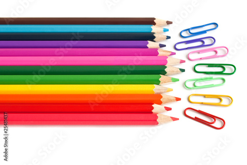 Color pencils and paper clips, office stationery