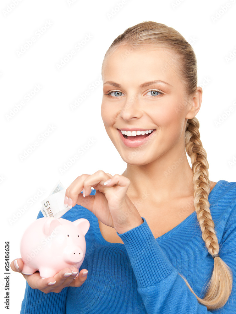 lovely woman with piggy bank and money lovely woman with piggy bank and money
