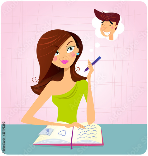 Young student girl is daydreaming while studying