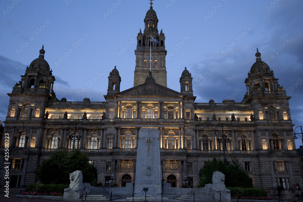 City Chambers illuminated at night, Glasgow, Scotland