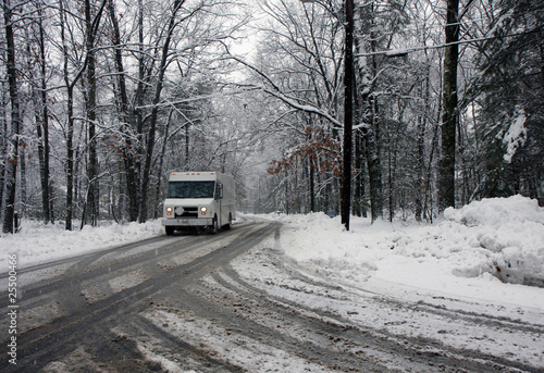Truck on a road in a snowy forest