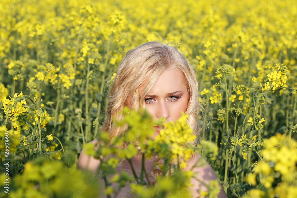 Beautiful young blonde woman in a field of wildflowers. Beautiful young blonde woman in a field of wildflowers.