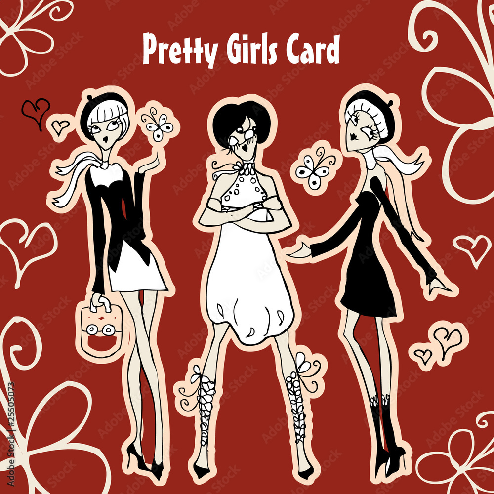 Pretty cartoon girls silhouette card fashion french style retro Pretty cartoon girls silhouette card fashion french style retro