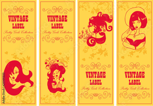 Vector vintage labels banner frame set with girls and flowers