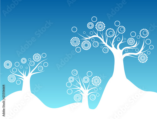 Stylized blooming trees on mountains