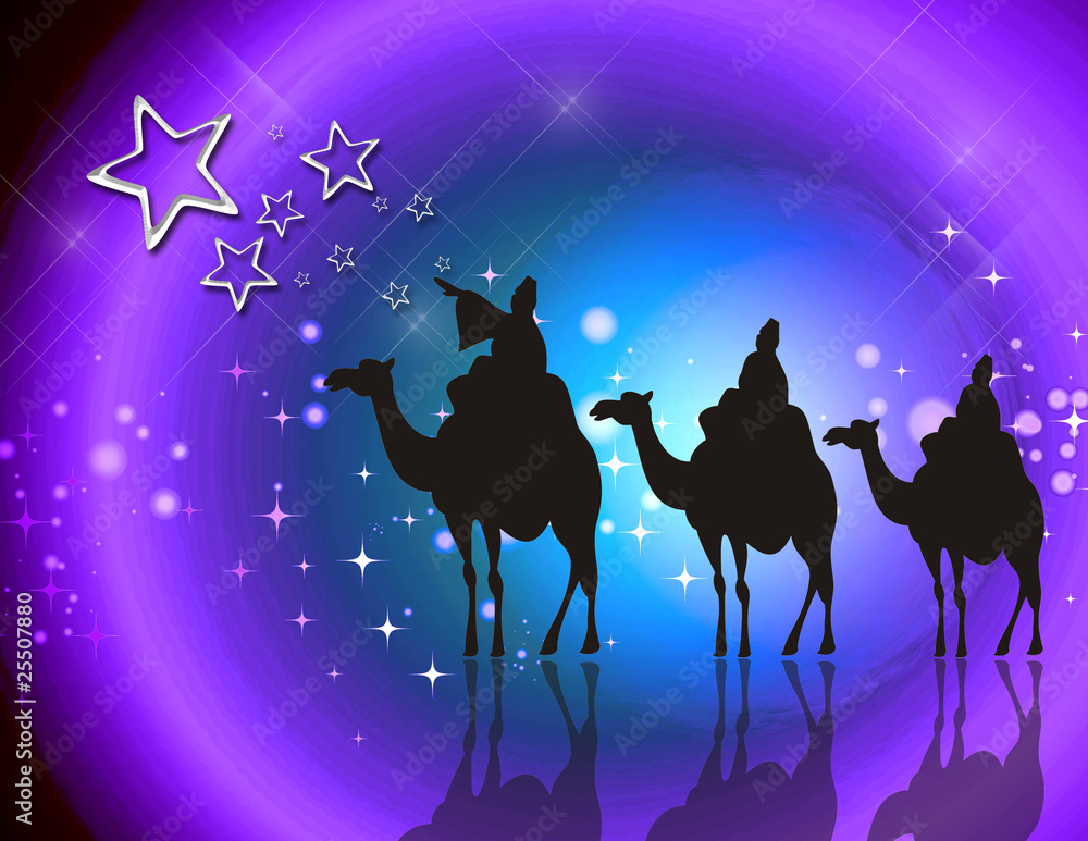Fondo navideño con los Reyes Magos y la estrella de Oriente ilustración de  Stock | Adobe Stock