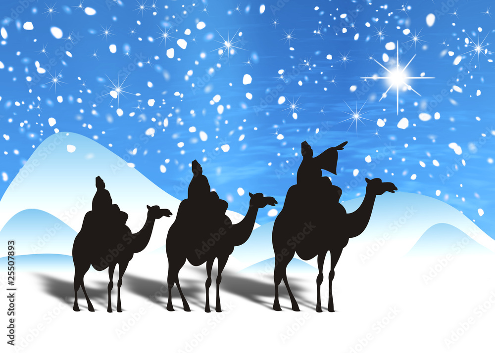 Fondo navideño con los Reyes Magos y la estrella de Oriente Stock  Illustration | Adobe Stock