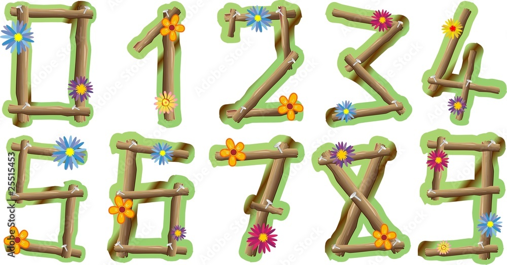 Numeri Fiori e Legno-Wood and Flowers Numbers-Vector Numeri Fiori e Legno-Wood and Flowers Numbers-Vector