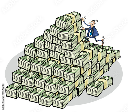 businessman climbing on mountain of money