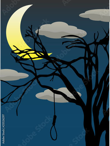 Spooky Quarter Moon above bare tree with hanging noose
