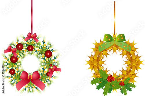 Christmas Wreath with ribbons, balls, bow and holly