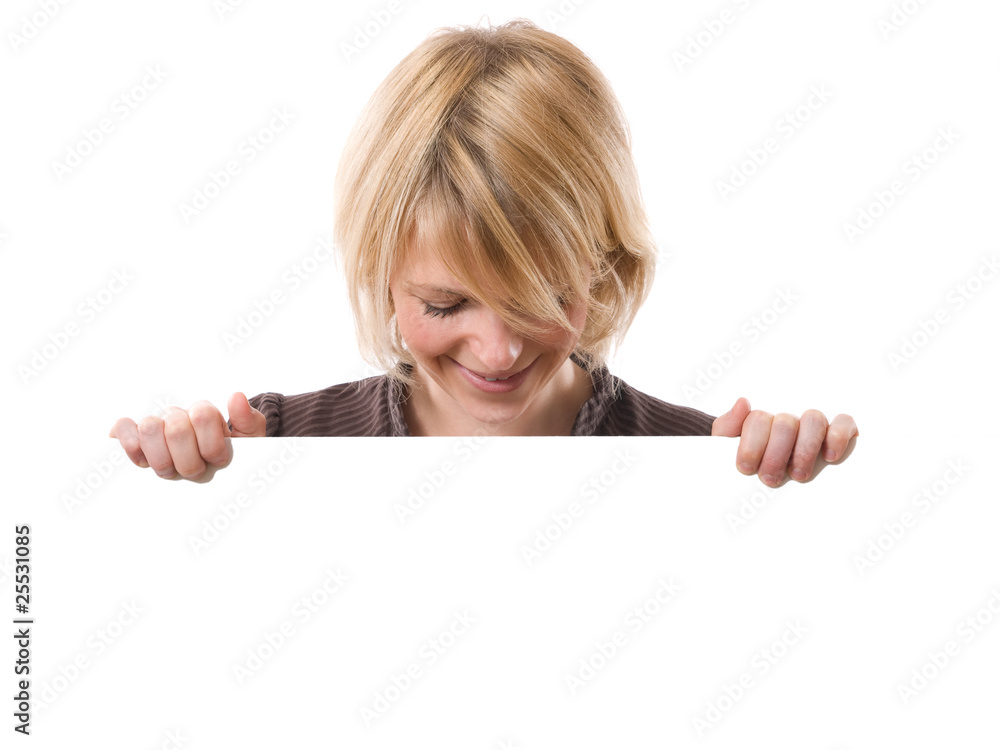 young smiling woman looking a white board under young smiling woman looking a white board under