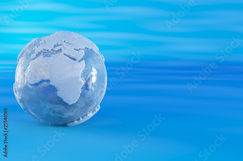 Three-dimensional earth from ice on blue background