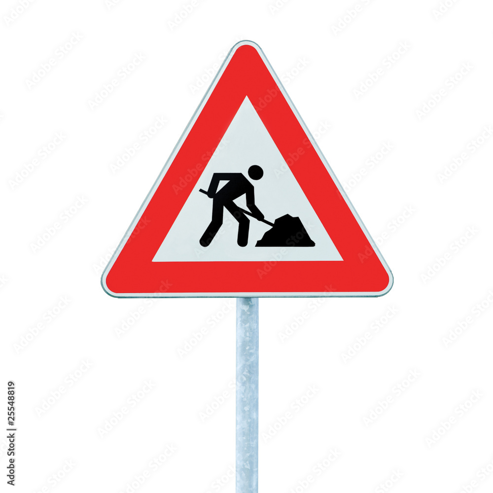 Road Works Ahead Warning Road Sign With Pole isolated