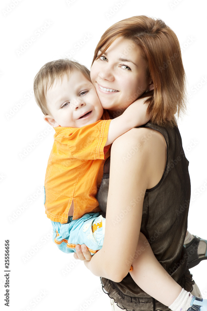 Mother with a child on a white background