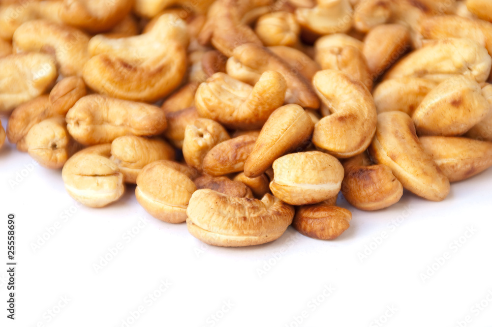 Cooked, roasted cashew nut on isolate background.
