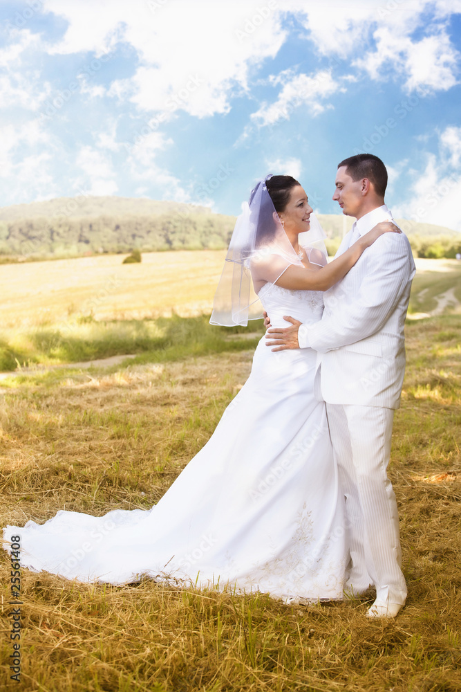 Bride and Groom standing in pretty landscape