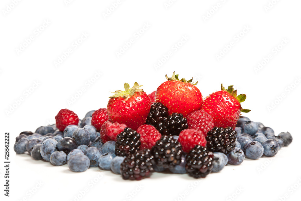 Composition of ripe black and red raspberries, strawberries and Composition of ripe black and red raspberries, strawberries and