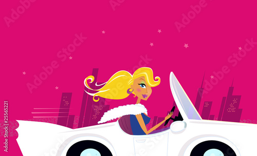 Girly Chick Driver in a Convertible Car. VECTOR ILLUSTRATION