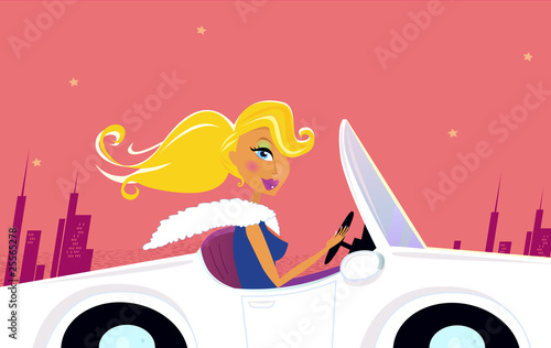 Sexy Girl in a Convertible Car. Vector Illustration