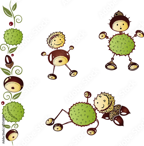 Herbst, Kastanien, Figuren, Blätter, Laub, Vector Set