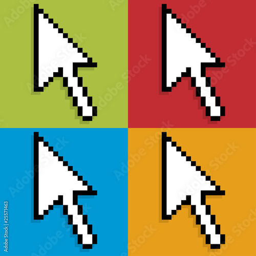 Large computer mouse pointers over colorful backgrounds