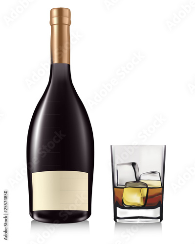 Bottle and whiskey in glass. Vector.