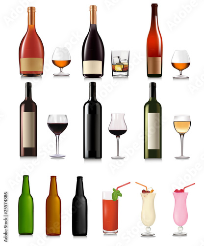 Set of different drinks and bottles. Vector illustration.