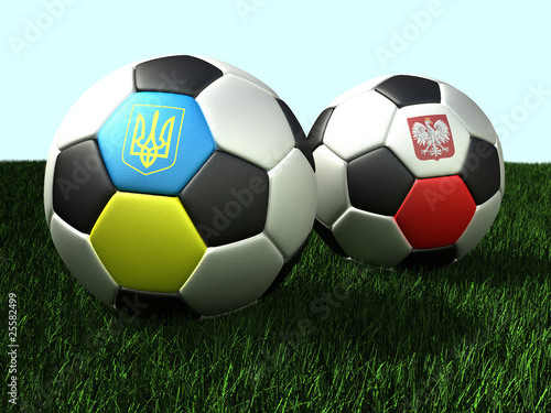 Soccer (football) balls on grass with flags of Ukraine & Poland