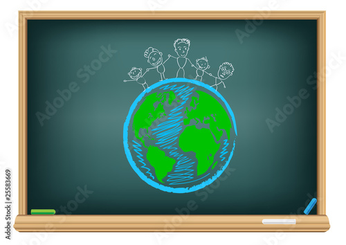 Drawing children and earth by a chalk