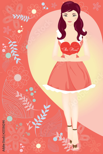 Vector illustration of a valentine girl holding a heart sign