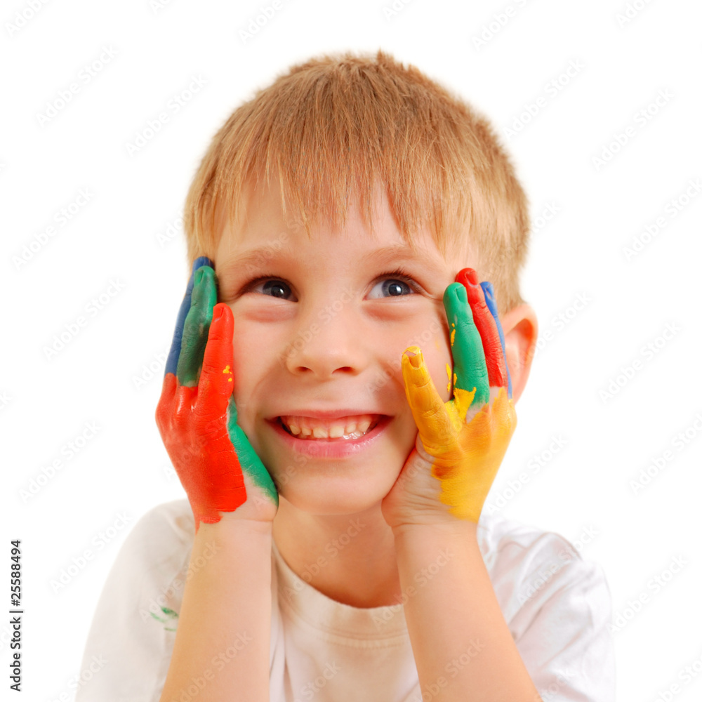 cute little boy with hands in paint cute little boy with hands in paint