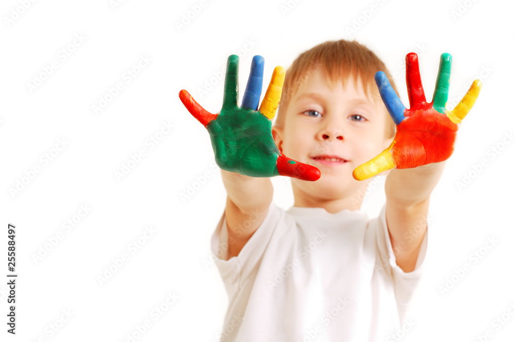 boy with hands in paint boy with hands in paint