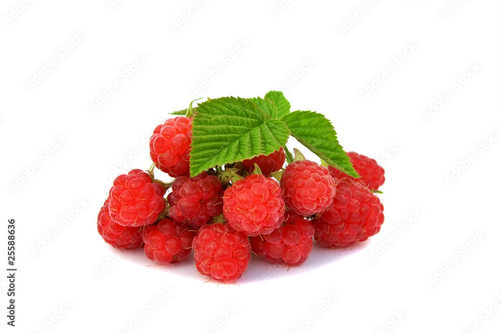 Raspberry with green leaf isolated on the white Raspberry with green leaf isolated on the white