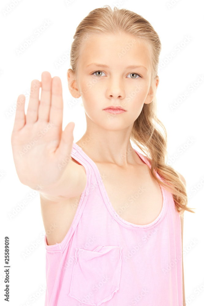 lovely girl showing stop sign lovely girl showing stop sign