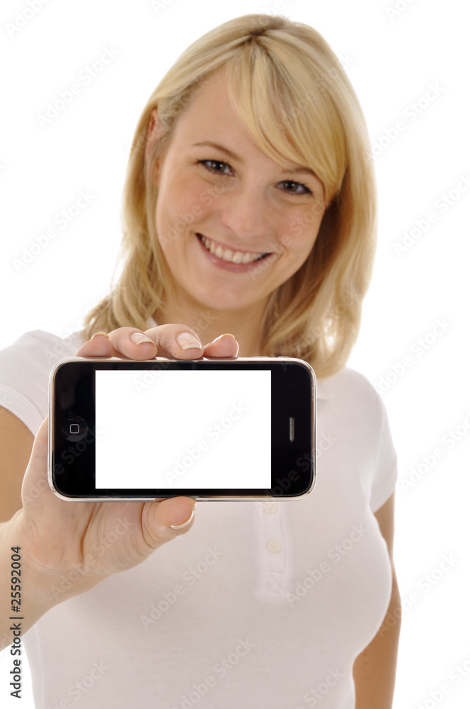 Junge Frau mit Smartphone, leeres Display Junge Frau mit Smartphone, leeres Display