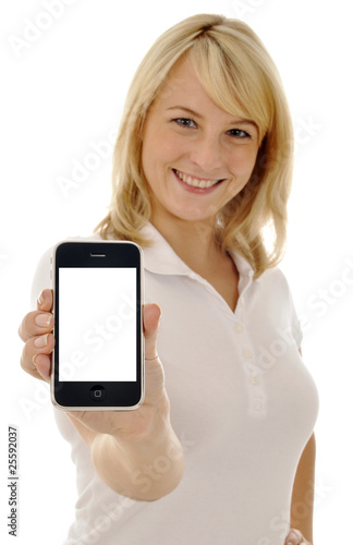 Junge Frau mit Smartphone, leeres Display photo