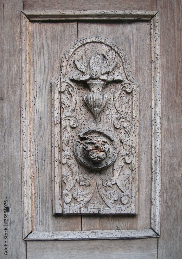 Antique relief in wood with bark beetle marks
