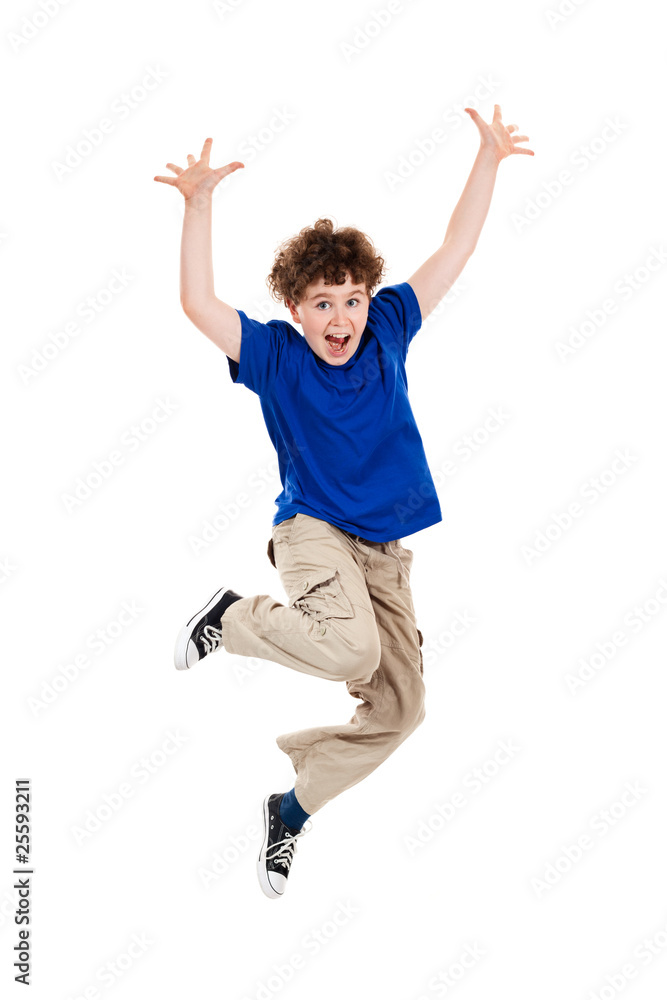 Boy jumping, running isolated on white background