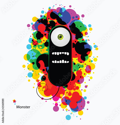 Black cartoon monster on abstract asid background