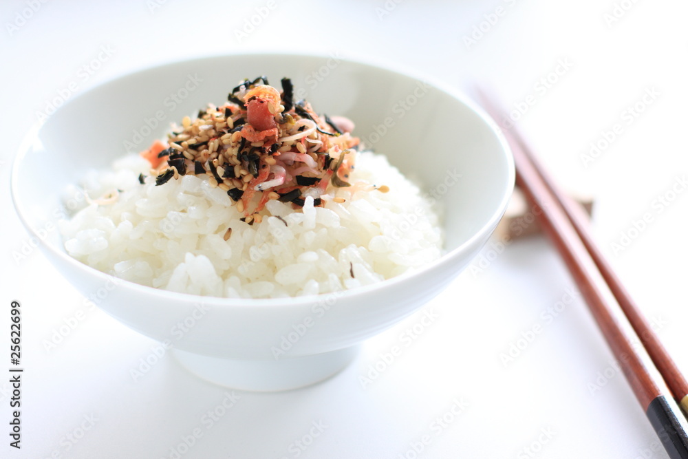 Japanese Rice with small dried fish on top Japanese Rice with small dried fish on top