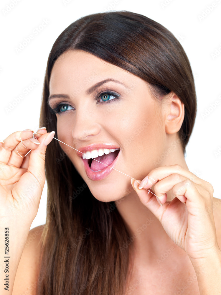 Portrait of beautiful woman with dental thread Portrait of beautiful woman with dental thread